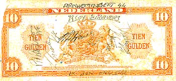 The 5 evaders from A company each signed this 10 Guilder Liberation Note